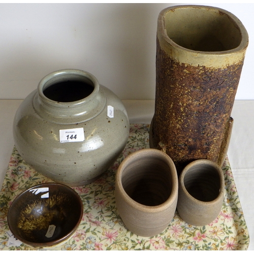 144 - Two Cotswold Pottery (John & Jud Jelfs) wall pockets; three other pieces of studio pottery