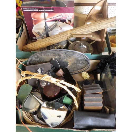 72 - Two boxes of wooden and metal wares to include book ends, corner shelf, plated tray, vanity items et... 