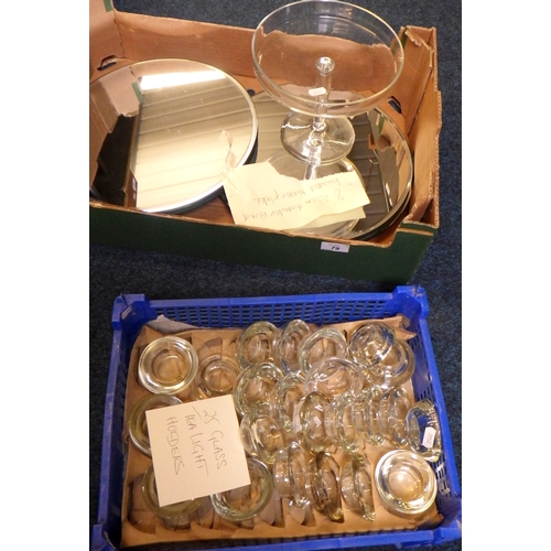 79 - 8 bevelled circular mirror plates together with a cake stand and a quantity of glass tea lights.
