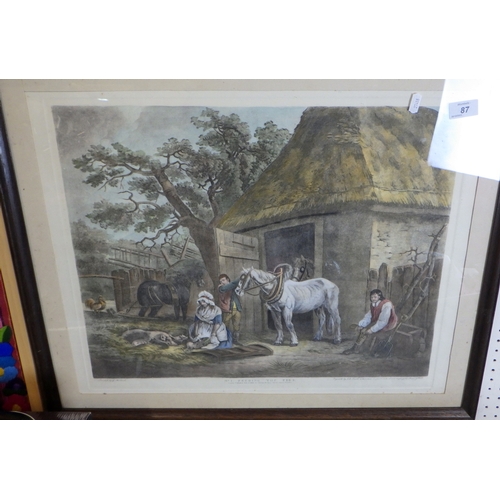 87 - A oak framed print titled No1 feeding the pigs 73 cm wide, together with various further prints, Ver... 