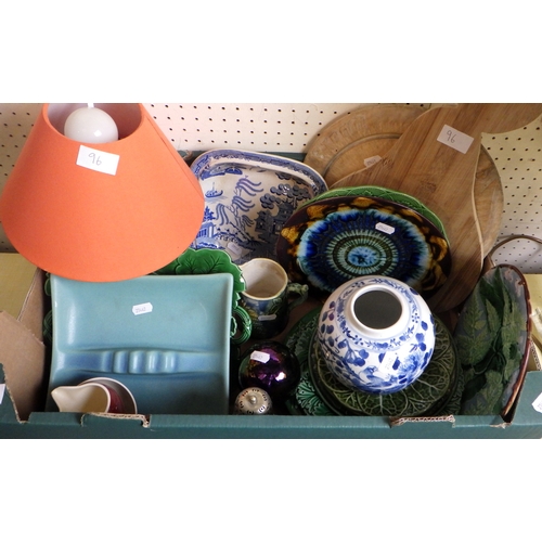 96 - A quantity of misc ceramics etc to include cabbage leaf plates, Art deco lamp, bread boards etc.