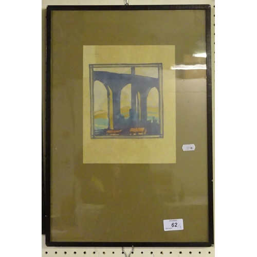 62 - A Hugh Wallis signed print of a viaduct together with a Leslie M Ward print and a oil on canvas labe... 