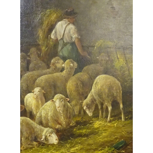 83 - A large 20th century continental school oil on canvas of a shepherd in a barn with his flock, indist... 