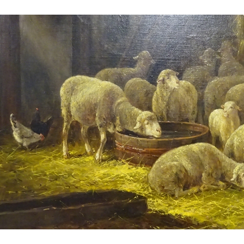 83 - A large 20th century continental school oil on canvas of a shepherd in a barn with his flock, indist... 