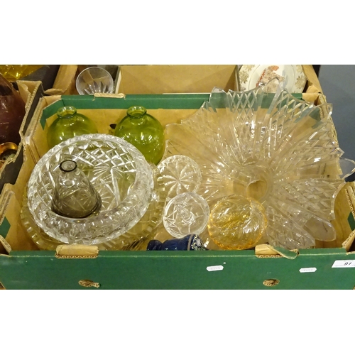 91 - Three boxes of clear and coloured glass ware to include vases, bowls etc af (3).