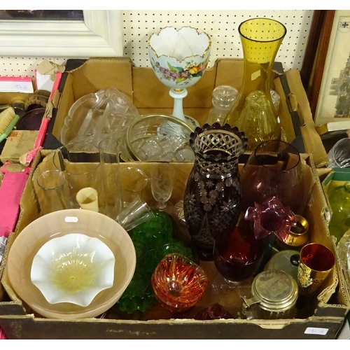 91 - Three boxes of clear and coloured glass ware to include vases, bowls etc af (3).