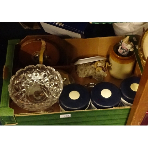 187 - An Edwardian inlaid oval tray af, together with several prints, books and a box of misc ceramics etc... 