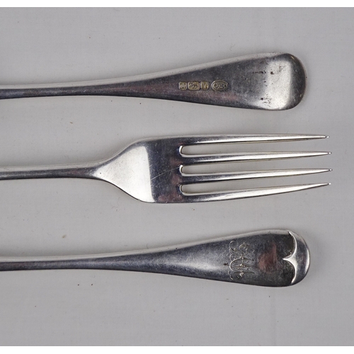 373 - Six matching silver old english pattern table forks, each engraved with a monogram, Sheffield 1891. ... 