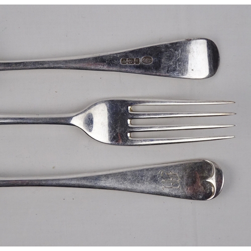 374 - Six matching silver old english pattern table forks, each engraved 