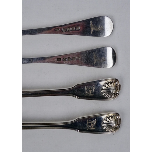 385 - A pair of shell and fiddle pattern silver dessert spoons engraved with calf motif armorial devices, ... 