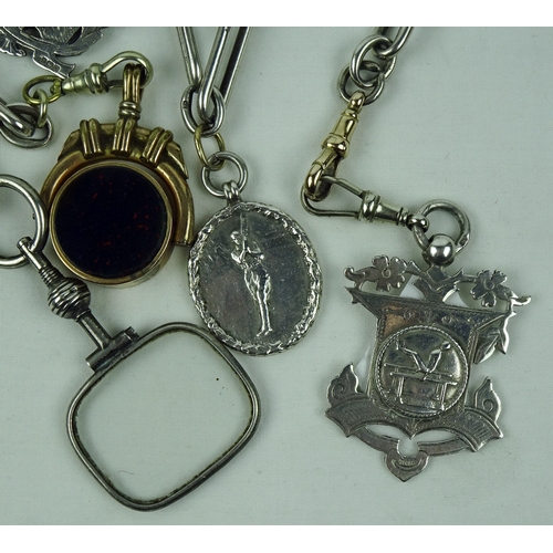 396 - A silver watch chain bearing a collection of fobs incl a magnifier, Hessay & District Bolton Percy i... 