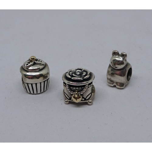 402 - Three Pandora charms, white metal marked 925