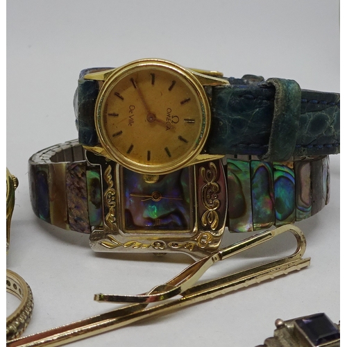 417 - An Omega Deville ladies quartz wristwatch; other watches; a yellow metal stone set band ring; costum... 