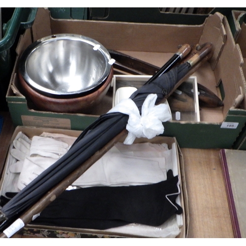 195 - Two vintage sewing bobbins together with various ladies gloves, umbrellas, sticks, Vanity tray and b... 