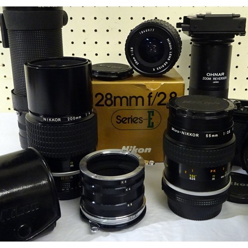 44 - Two Nikon EM 35mm SLR film cameras, a collection of Nikon prime-lenses incl E Series 28mm & 50mm, Ni... 