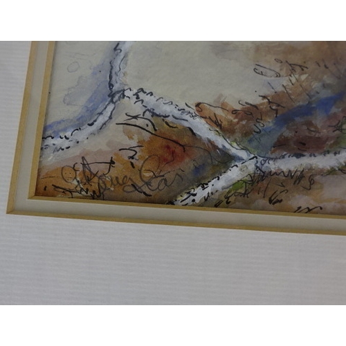 80 - Coverdale A divided landscape Jill Douglas framed watercolour 45 x 16cm.