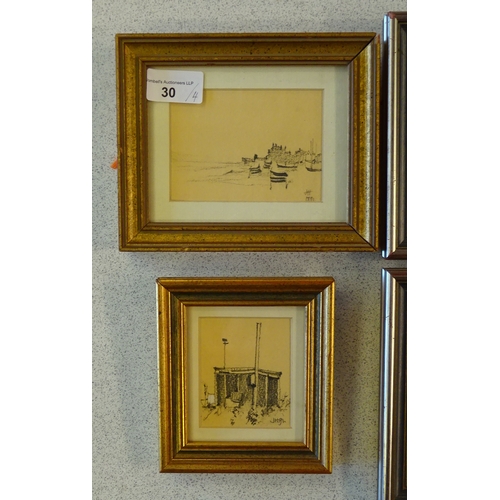 30 - John Hutchinson, a pair of watercolour landscape views, each 8 x 10cm; together with two sketches in... 