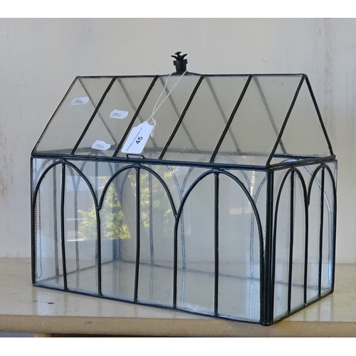 45 - A small glass and lead terrarium, no glass on the sides of the roof 32cm wide 27cm high.