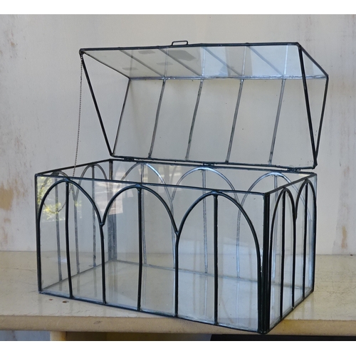 45 - A small glass and lead terrarium, no glass on the sides of the roof 32cm wide 27cm high.