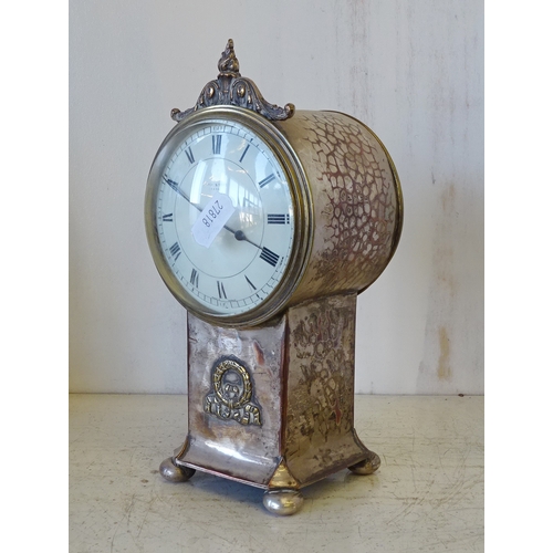 49 - An Edwardian mahogany inlaid mantel clock 26cm wide together with an Edwardian worn Silver plated pe... 