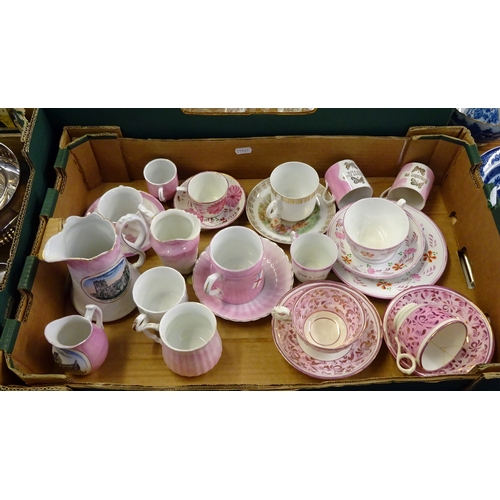 144 - Victorian pink lustre teaware, early 20th cent pink souvenir ware; a qty of table glasses. (2)