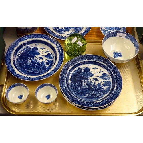 145 - A pair of blue and white pearlware buffalo pattern plates, c1800; three matching blue and white pear... 