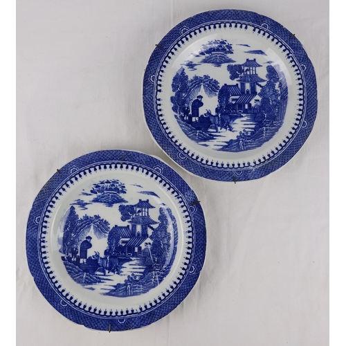 145 - A pair of blue and white pearlware buffalo pattern plates, c1800; three matching blue and white pear... 