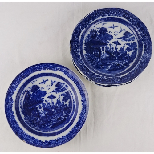 145 - A pair of blue and white pearlware buffalo pattern plates, c1800; three matching blue and white pear... 