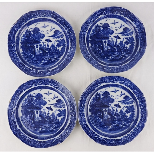 145 - A pair of blue and white pearlware buffalo pattern plates, c1800; three matching blue and white pear... 