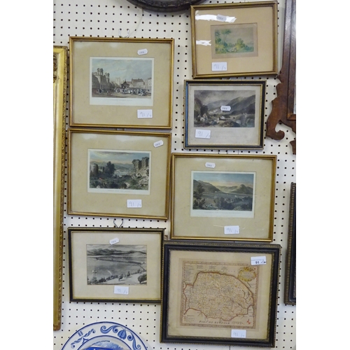 91 - A 19thC framed map of Norfolk by Eman Bowen together with six further prints (7).