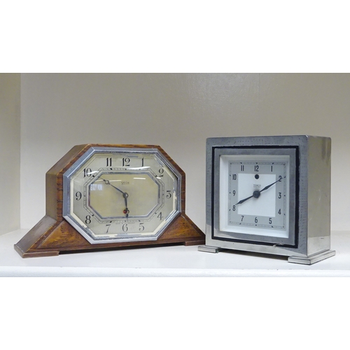 208 - A Temco electric mantel clock in a chromed case; a Smiths electric mantel clock in an oak case; a pa... 