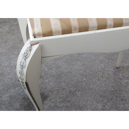 829 - A cream painted kidney shaped dressing table, stool leg damaged 93cm wide, 46cm deep, 142cm tall (2)