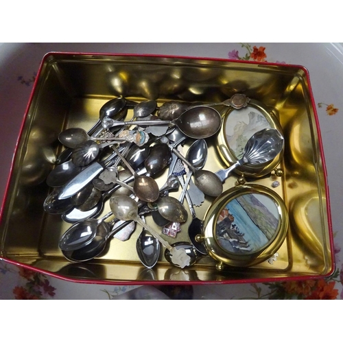 216 - Two mirrors together with various pictures, a large floral bowl, spoons, thimbles, material, glass l... 