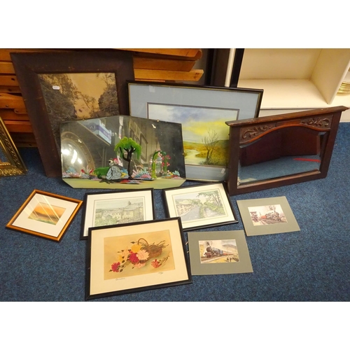 216 - Two mirrors together with various pictures, a large floral bowl, spoons, thimbles, material, glass l... 