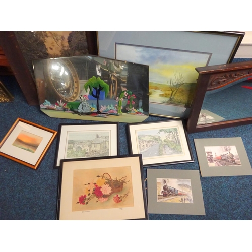 216 - Two mirrors together with various pictures, a large floral bowl, spoons, thimbles, material, glass l... 