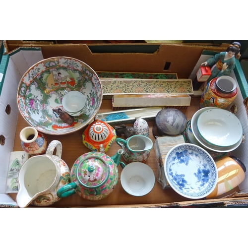 19 - A Group of mainly oriental ceramics etc to include bowls, vase's, brushes, A small oriental rug 46cm... 