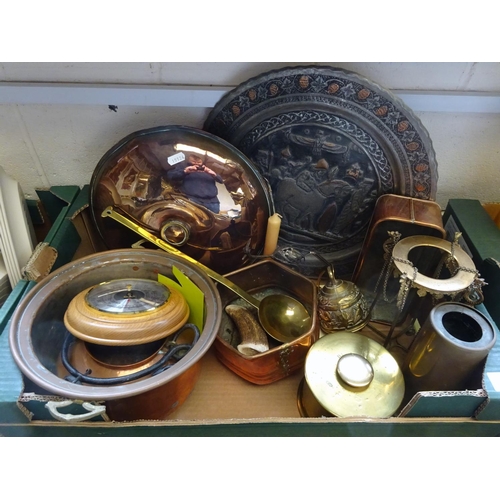 20 - A quantity of metal wares to include copper warming pan, trench art etc