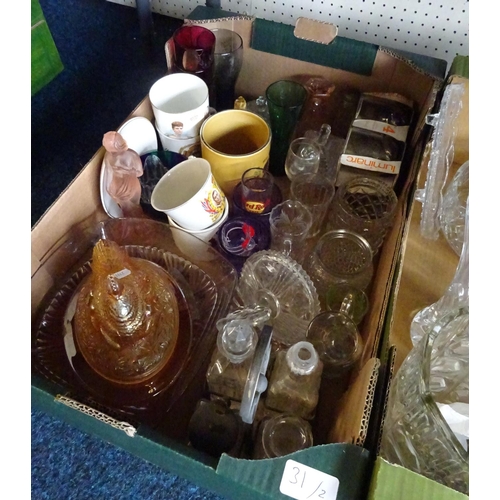 31 - Two boxes of misc glass and ceramics to include commemorative cups, glass vase's etc