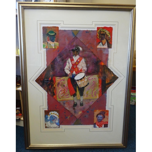 38 - Trevor Stubley, Drummers With Mummers. Framed acrylic, 108 x 144cm high. Labels to the back with ori... 