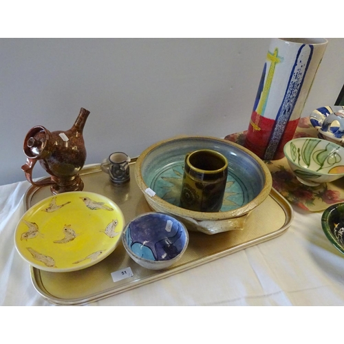 51 - A quantity of studio / art pottery to include a tall Habitat vase, bowls, stylised tea pot etc (2).