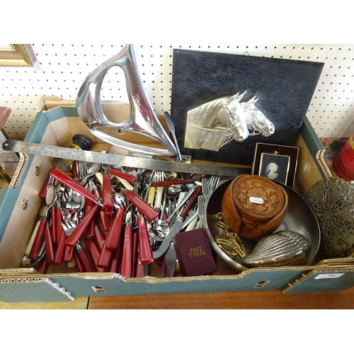 52 - A quantity of various cutlery together with a metal horse sculpture etc.