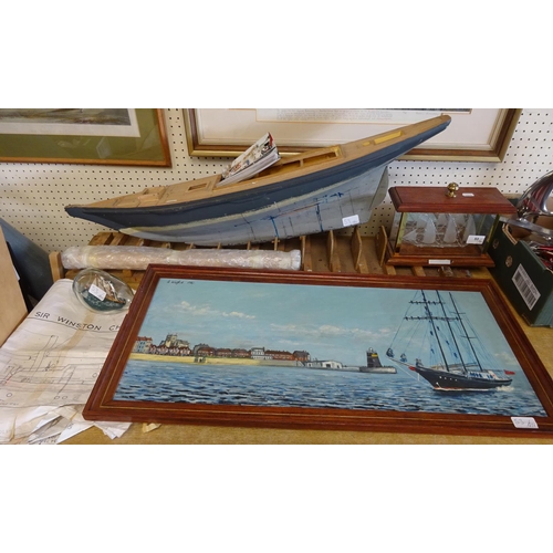 53 - Winston Churchill model ship interest to include Ship in a bottle, plans, picture signed A Welford, ... 