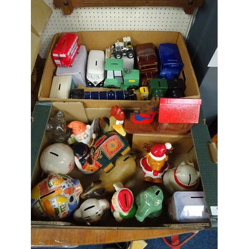 63 - A large quantity of various money boxes to include trains, tractors etc (3).