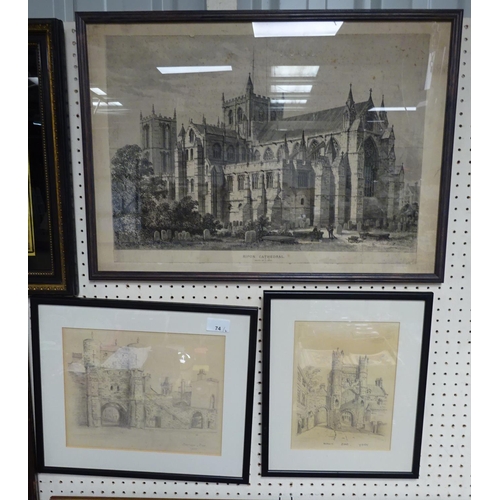 74 - Two unsigned pencil drawings Monk Bar & Bootham Bar together with two engravings of Ripon Cathedral ... 