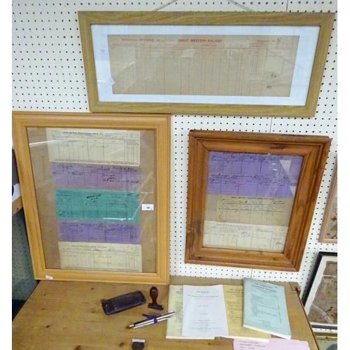 98 - A Railway group to include three framed dockets, engineers journals, L&NWR token, stamp, leather pou... 