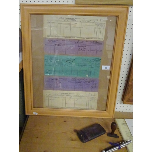 98 - A Railway group to include three framed dockets, engineers journals, L&NWR token, stamp, leather pou... 