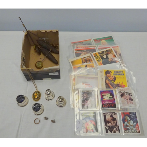 101 - A collectors lot to include a small amount of costume jewellery, clock weights and pendulums, plated... 