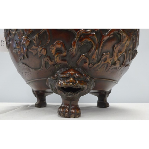 117 - A large bronze Japanese jardiniere, decorated with tree's and bird relief 40cm wide 30cm high.