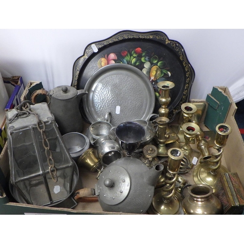 174 - A quantity of various metal wares to include candles, ticks, lantern, pewter tea set, cased cutlery ... 