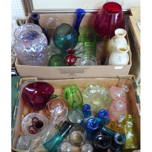 34 - Two boxes of various coloured art glass to include vase's, dishes etc